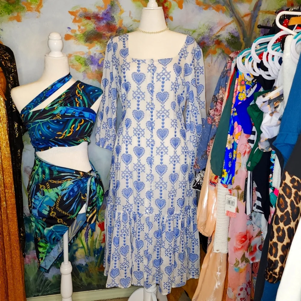 NWOT Johnny Was Jade Beau Eyelet Button-Down Tiered Midi Dress Boho Chic - Picture 2 of 14